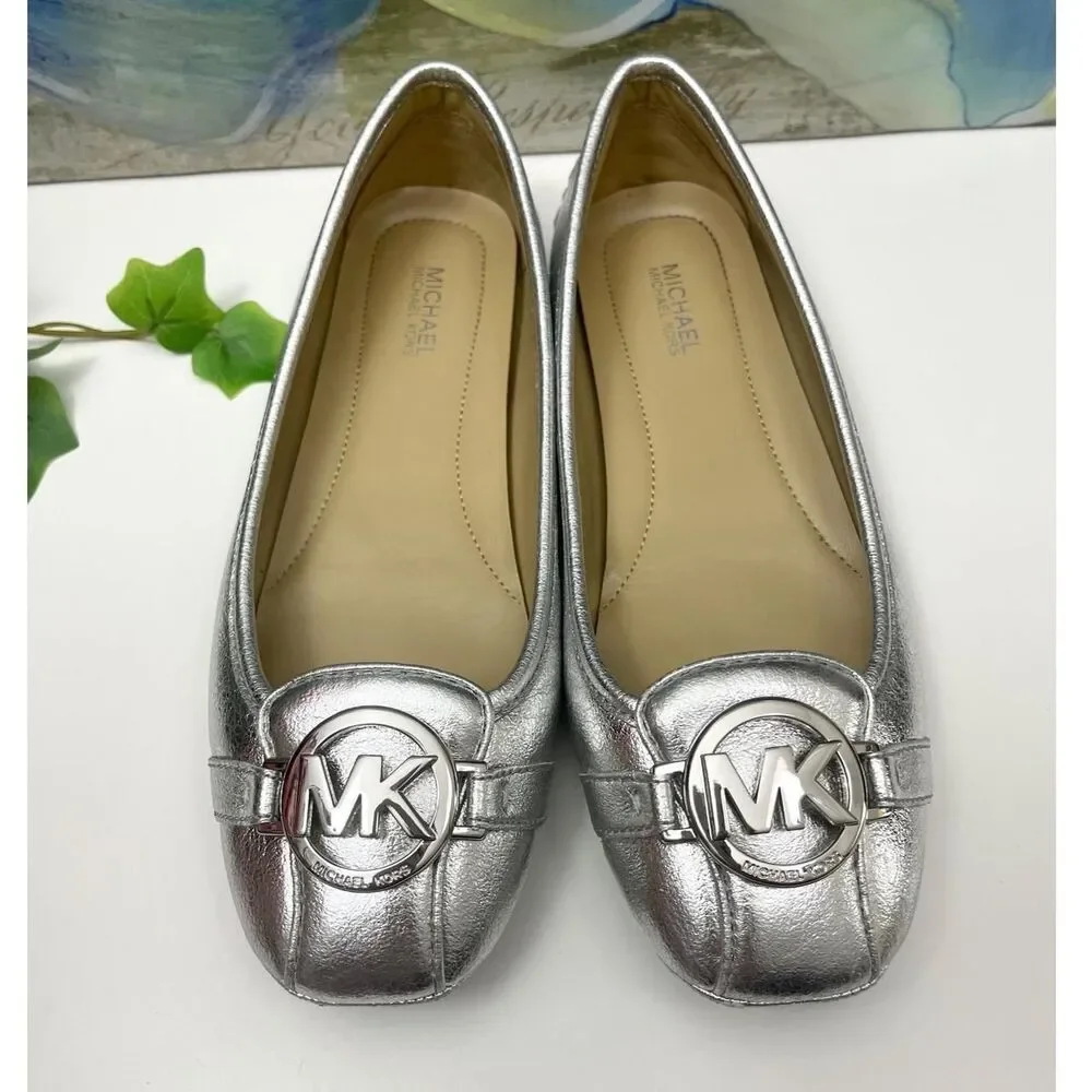 Michael Kors Fulton Metallic Faux Leather Moccasin in Silver MK Logo 6.5